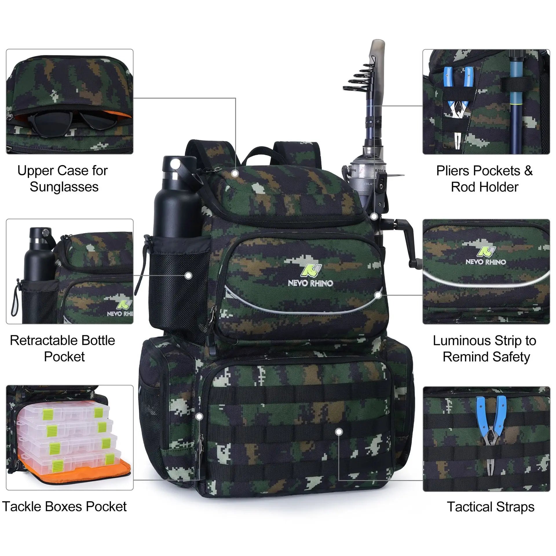 Fishing Camping Tackle Backpack Large Waterproof Lure Bag with Protective Rain Cover Tactical Bag Multi-function Fishing Pack