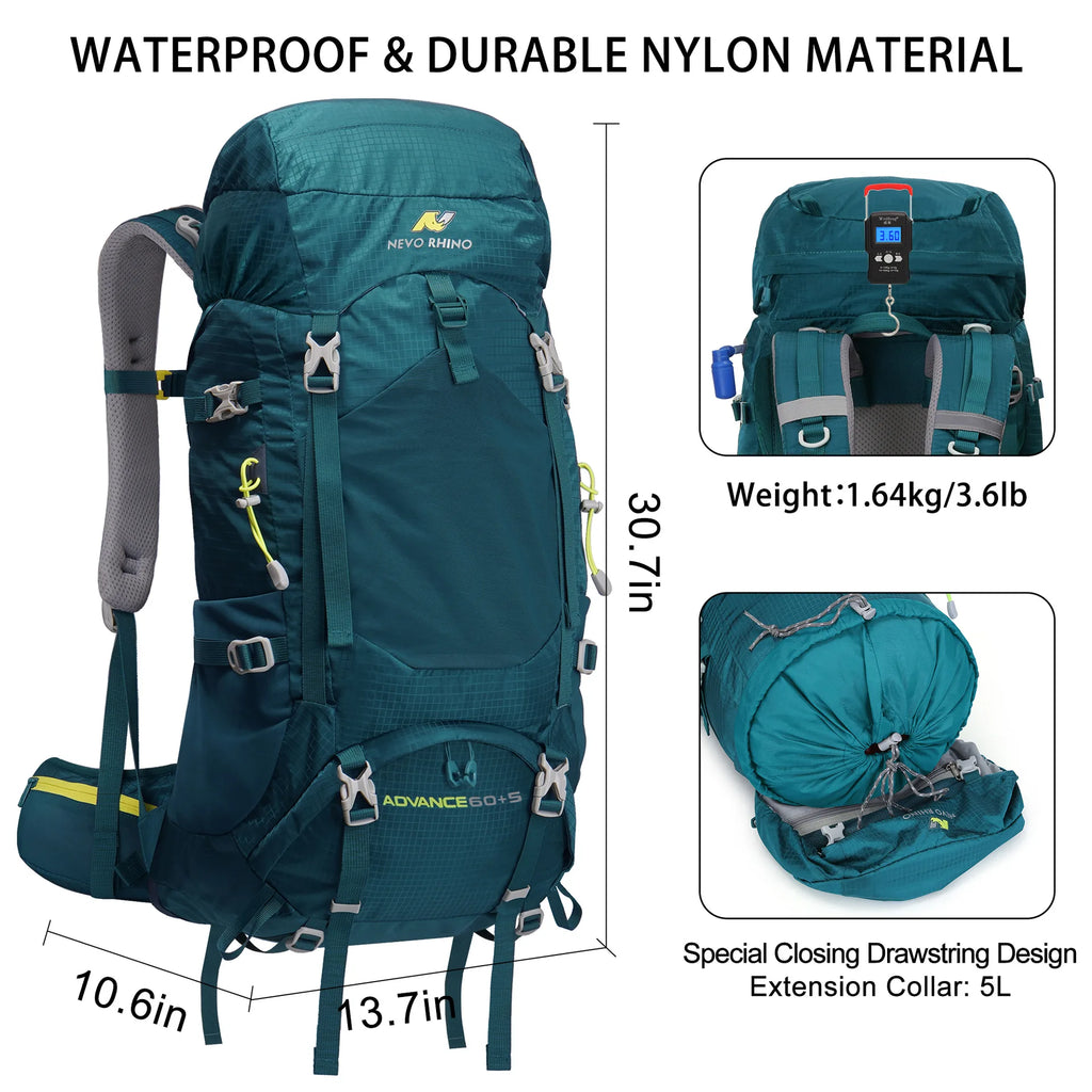 60+5L Camping Hiking Backpacks Men Outdoor Tourist Backpacks Nylon Sport Bag for Climbing Travelling with Rain Cover Free Knight