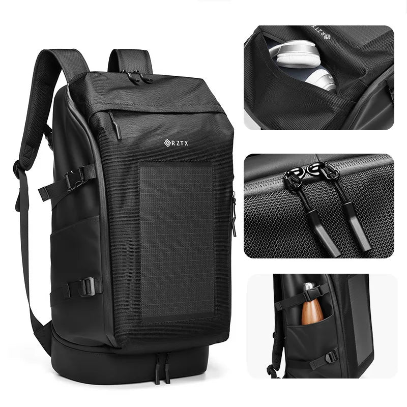 Men's Outdoor Travel Backpack Large Capacity Solar Charging Multi-Functional Shoe Compartment Bookbag Youth Business OL Style