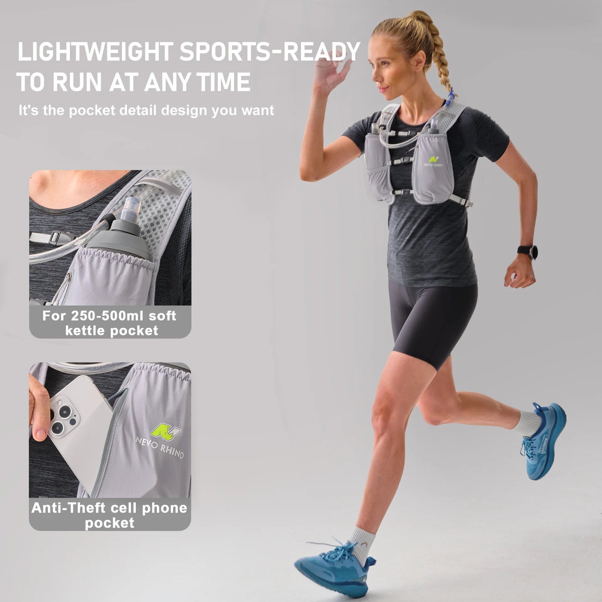 NEVO RHINO waterproof running backpack 5L ultra-light hydration vest mountain bike leather bag breathable gym bag 1.5L water bag