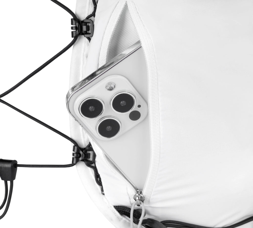 Lightweight White Running Vest Reflective Phone Holder Features Universal Cycling Running Hydration Access Polyester Waterproof