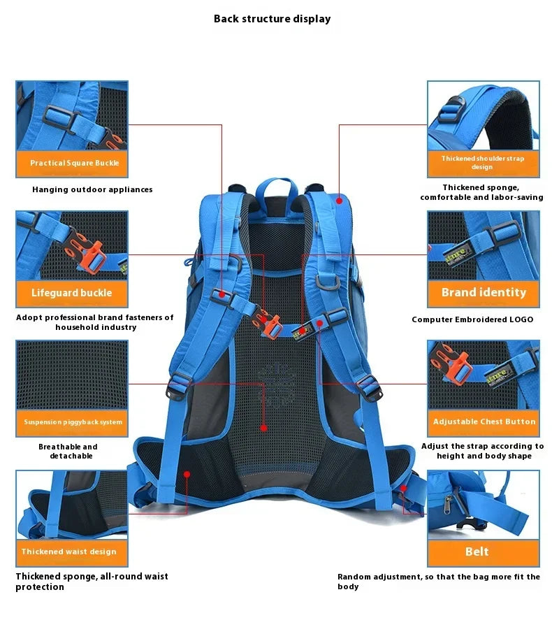 Travel Hiking Backpack 40L Trekking Bag Men Women Durable Outdoor Sports Daypack for Climbing Mountaineering Fishing Bicycle