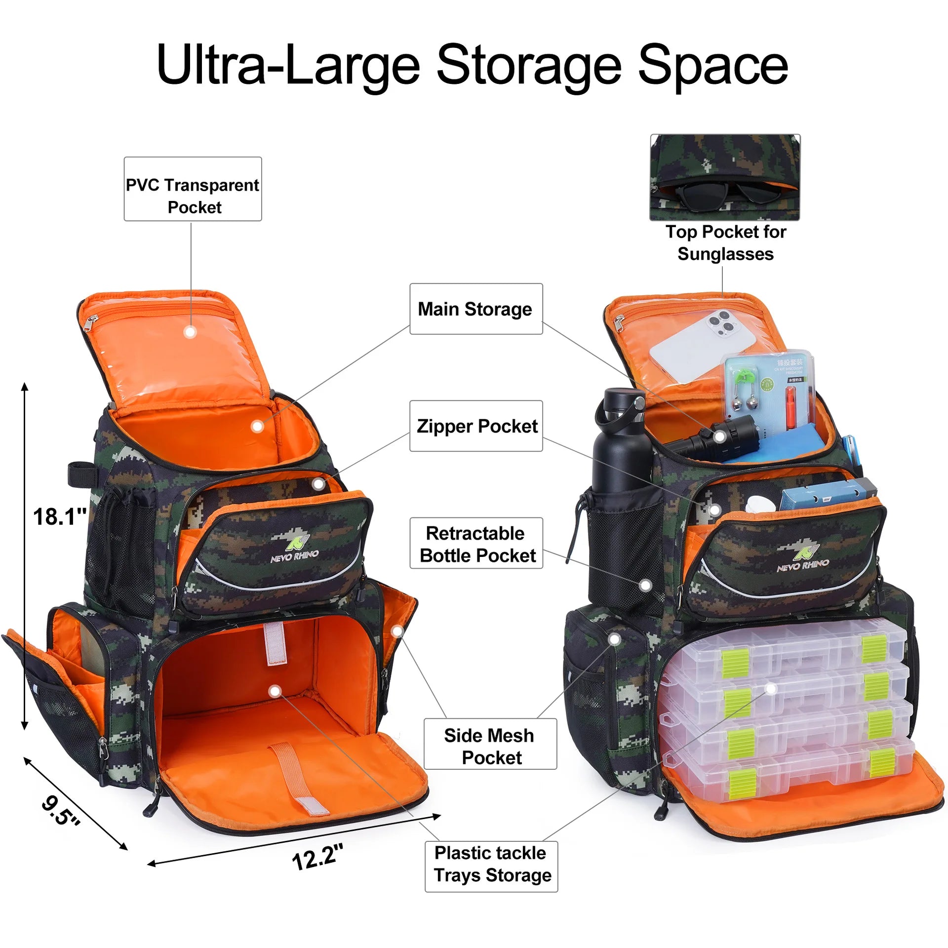 Fishing Camping Tackle Backpack Large Waterproof Lure Bag with Protective Rain Cover Tactical Bag Multi-function Fishing Pack